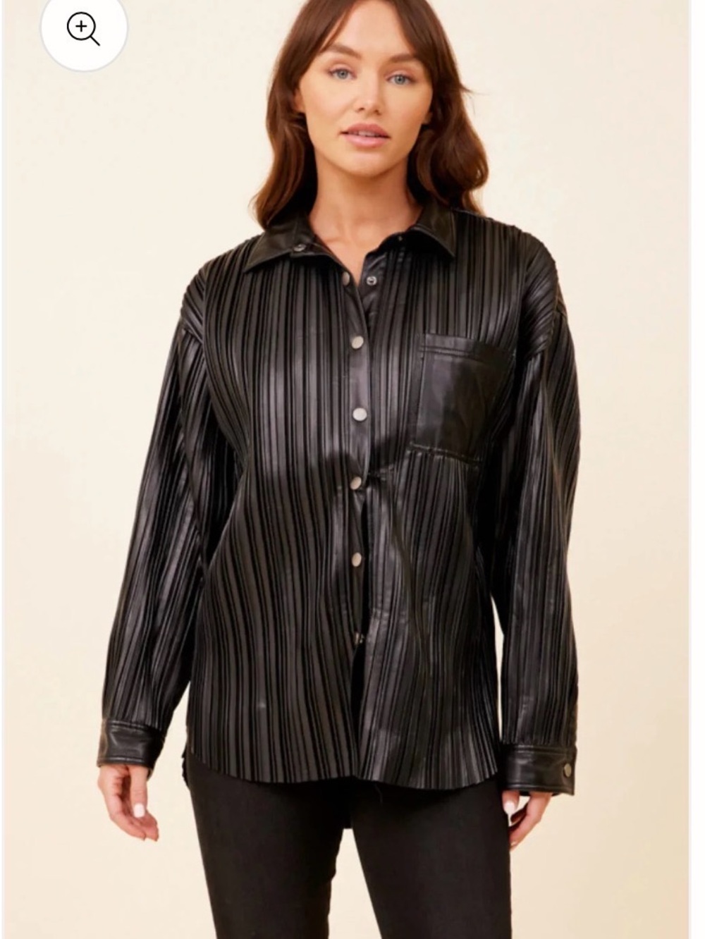 Vintage Havana Black Pleated Faux-Leather Button-Up Jacket